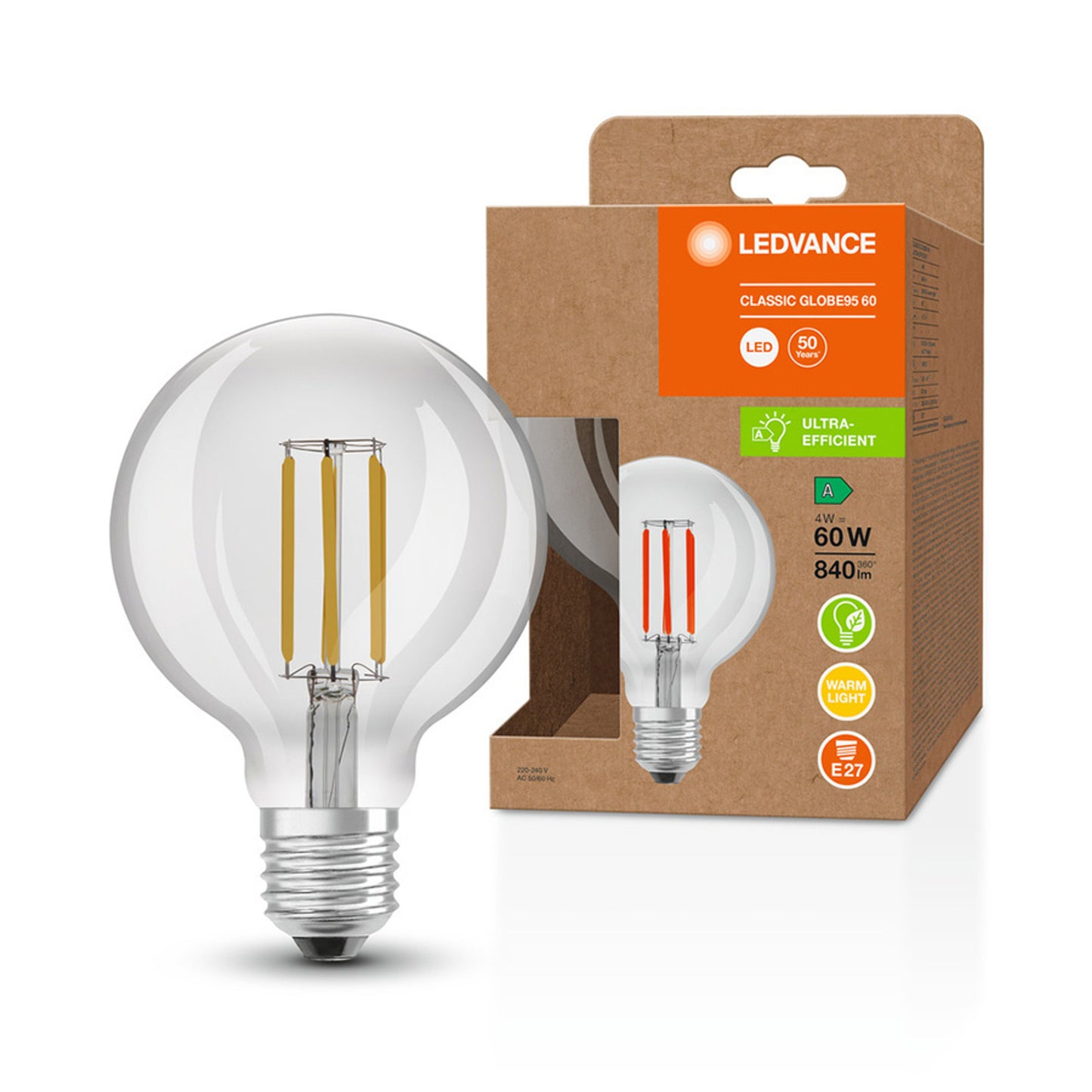 RENDL light source OSRAM ULTRA ECONOMY 210lm/W Globe 95 clear 230V E27 LED EQ60 3000K G13951 3