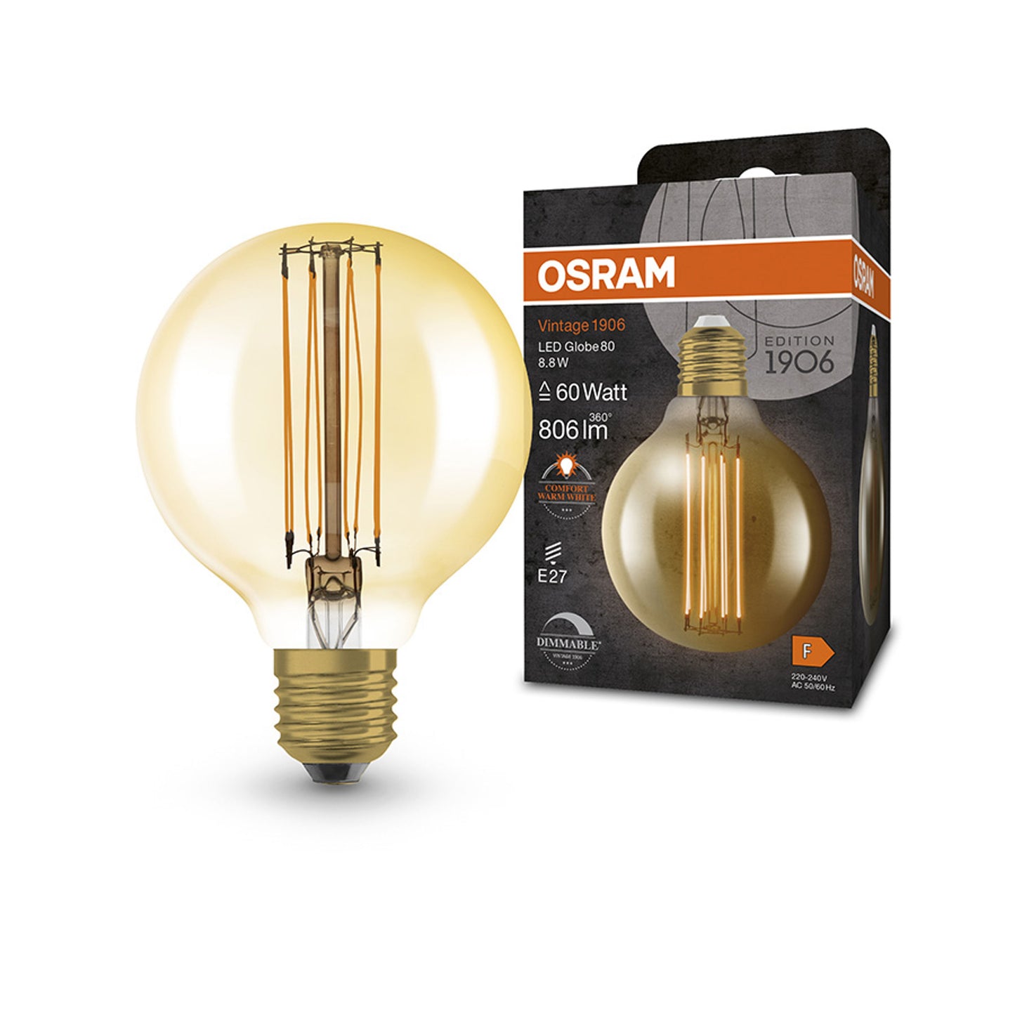 RENDL light source OSRAM Globe 80 DIMM amber 230V E27 LED EQ60 2200K G14436 2