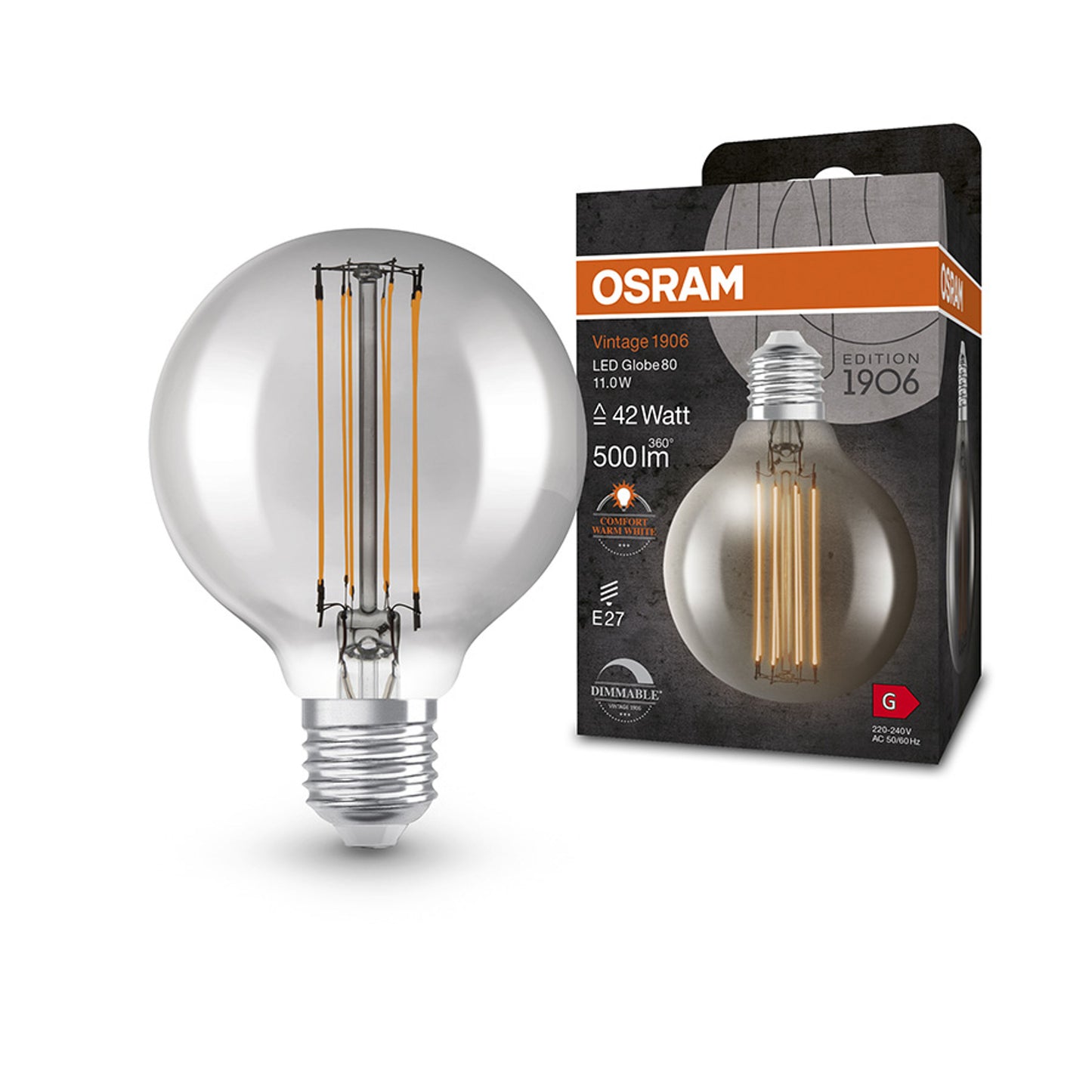 RENDL light source OSRAM Globe 80 DIMM smoke-colored 230V E27 LED EQ42 1800K G14437 2